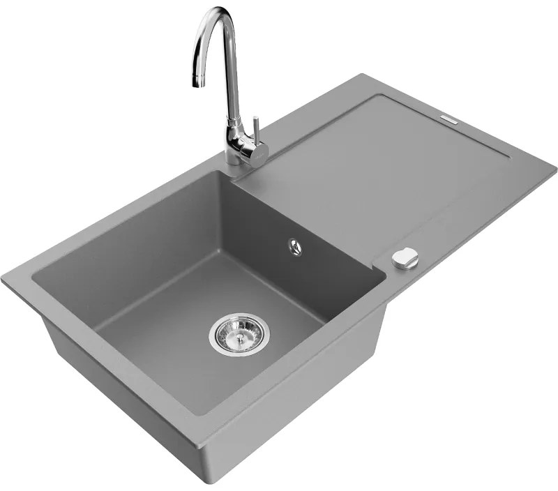 Mexen Leo, 1-komorový granitový drez s odkvapkávačom 90x50 cm a kuchynskou batériou Telma, šedá, 6501-71-670200-00