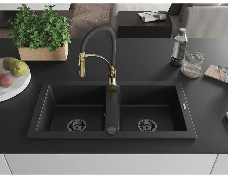 Mexen Mario, granitový drez 820x436x161 mm, 2-komorový a drezová batéria Aster, čierna, 6504-77-73450-57-B