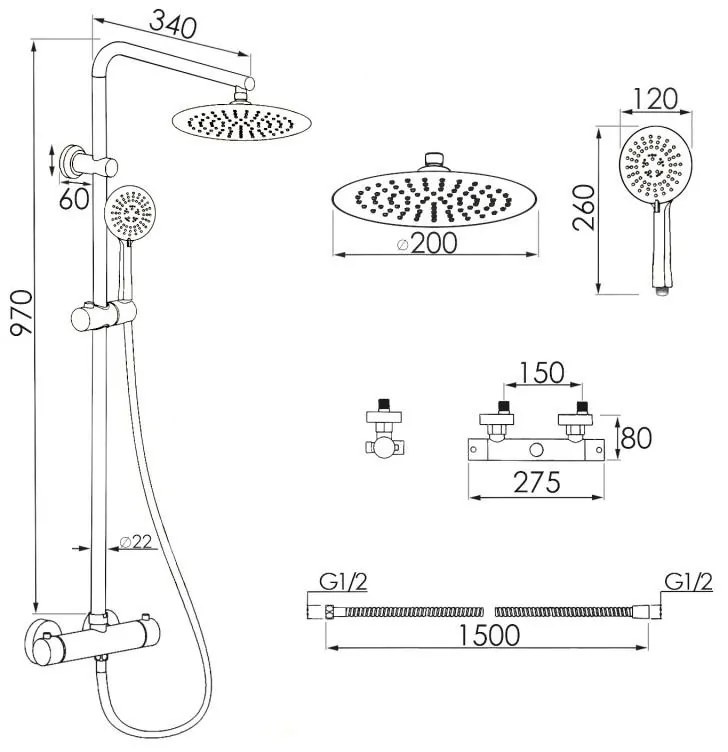 Erga Enza, sprchová súprava s termostatickou batériou a dažďovou hlavicou 20cm, čierna matná, ERG-YKA-BP.ENZA20-BLK