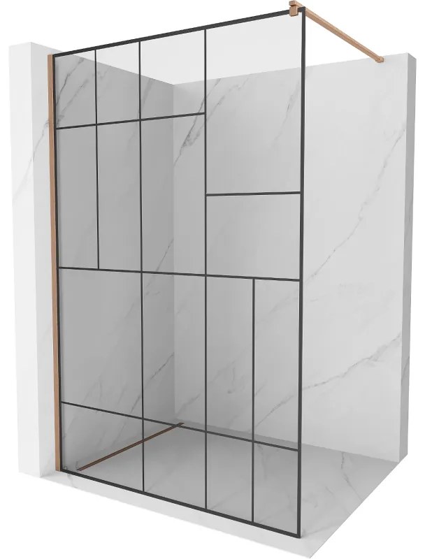 Mexen Kioto, sprchová zástena Walk-In 70 x 200 cm, 8mm číre sklo čierny vzor, medený matný profil, 800-070-101-65-78