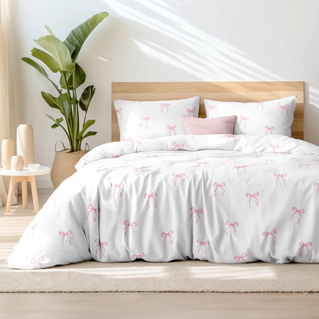 Goldea bavlnené posteľné obliečky - ružové mašličky 240 x 220 a 2ks 70 x 90 cm