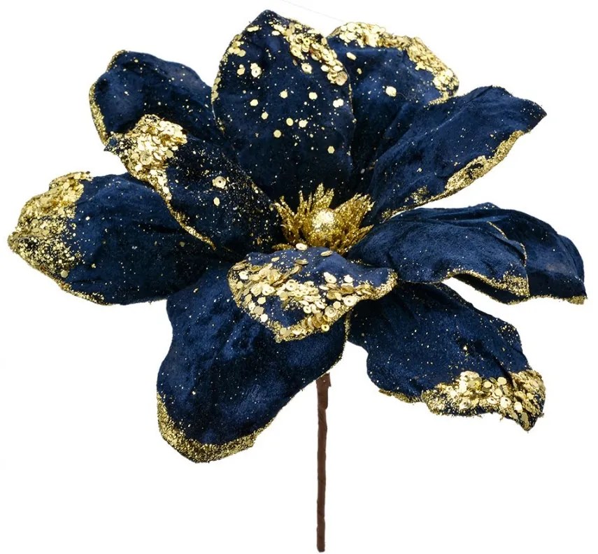 Modro-zlatá dekorácia kvetina vianočná hviezda Poinsettia - Ø 24*27 cm