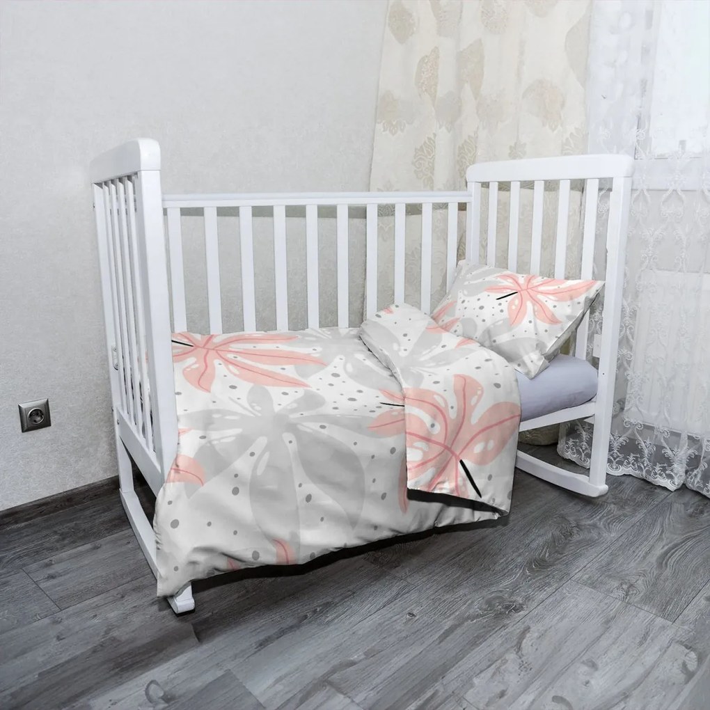 Sablio Mikroplyšové detské obliečky do postieľky Biele a ružové listy - 100x135 / 40x60