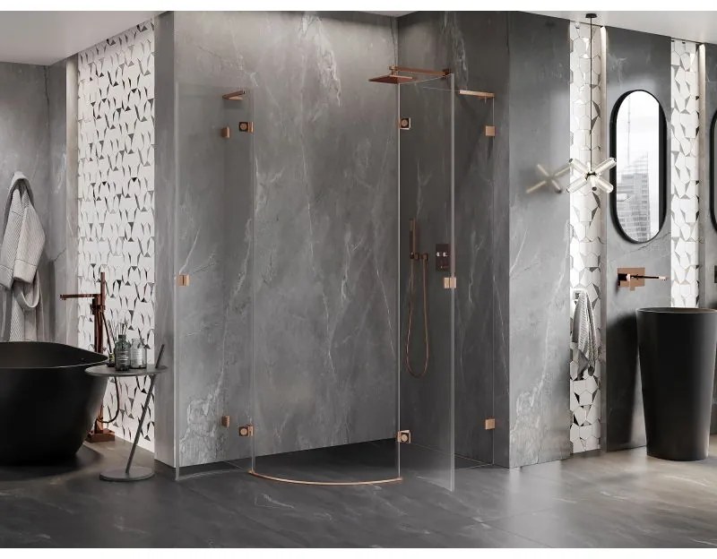 Mexen Lunar, L pravý polkruhový sprchový kút 100 x 90 cm, 8mm číre sklo, profil medená matná, 833L-100P-090L-65-00