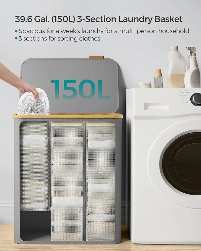Prádlový kôš s viečkom, 3 priehradkový, 150 L, vyberateľný vak, 60 x 38,5 x 70,5 cm, šedý