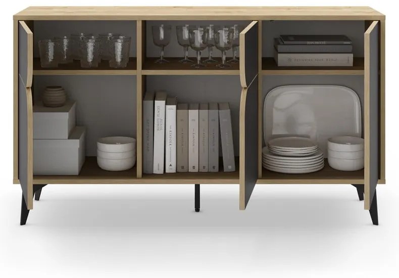 Nízka komoda v dekore duba v čierno-prírodnej farbe 140x79 cm Nola – Marckeric