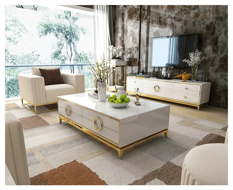 EXKLUZÍVNY TV STOLÍK LAURETTE BIELY LESK + ZLATÝ