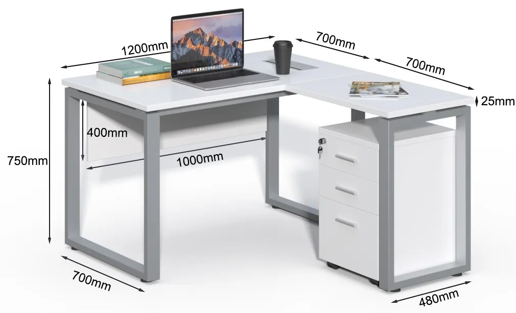 Rohový kancelársky stôl s kontajnerom Houseland Prime Home 01 120 cm biely