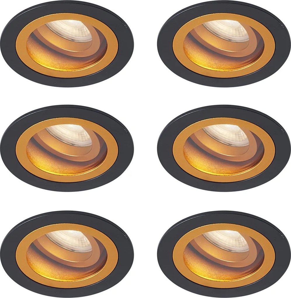 Sada 6 moderných zapustených bodových svetiel čierna so zlatou otočné a naklápacie IP44 - Chuck