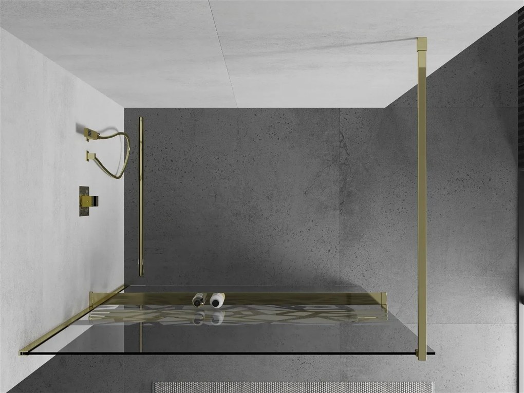 Mexen Kioto+, sprchová zástena s poličkou a držiakom na uteráky 120 x 200 cm, 8mm číre sklo vzor biely, zlatý profil 800-120-121-50-85
