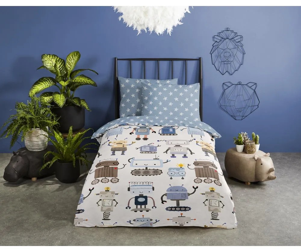 Modré/béžové bavlnené detské obliečky na jednolôžko 140x200 cm Robo – Good Morning
