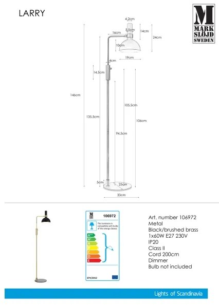 Markslöjd 106972 - Stmievateľná stojacia lampa LARRY 1xE27/60W/230V čierna/zlatá