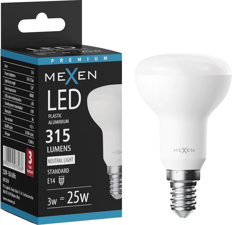 Mexen Nova, LED žiarovka E14, R50, 3W, Neutrálna - 4000K, 315 lm - L103-E14-0340-01