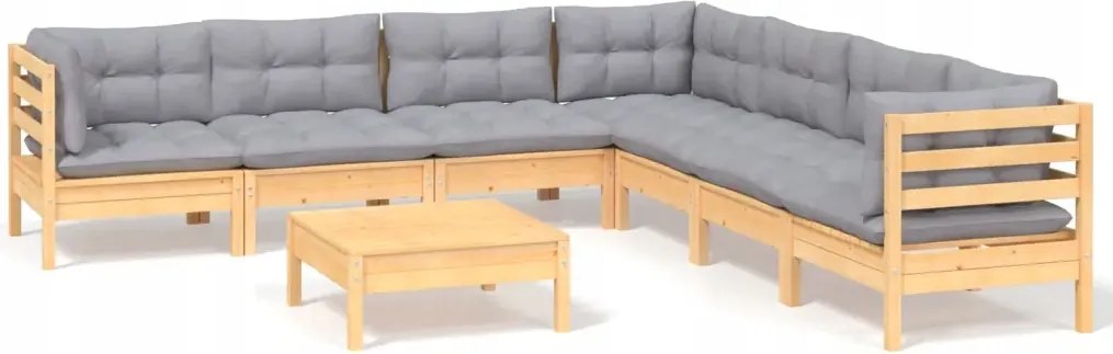 vidaXL 8-dielna sedacia súprava do záhrady, sivé vankúše, borovica