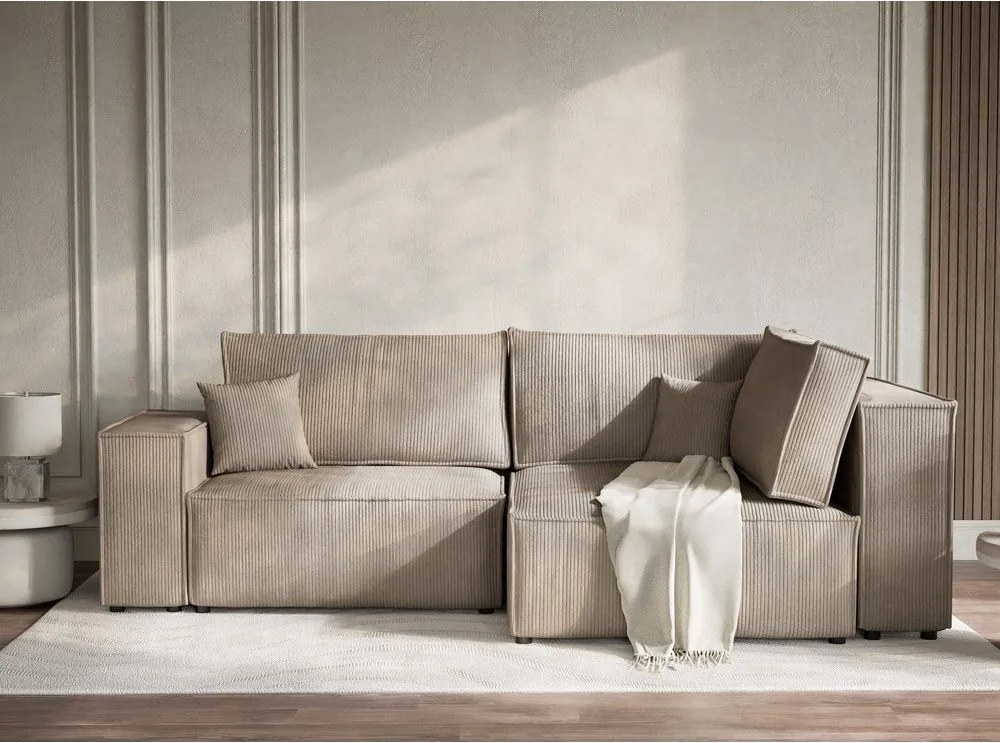 Béžová menčestrová rozkladacia/s úložným priestorom rohová pohovka (pravý roh/do L) Tonga – Maison de Rêve