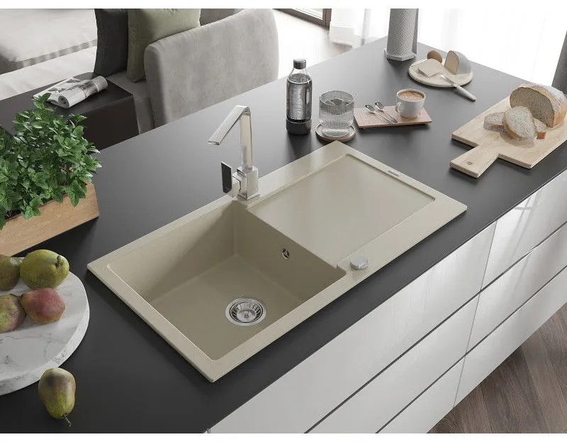 Mexen Leo, drez granitový 900x500x190 mm, 1-komorový, béžový s chrómovým sifónom a chrómová drezová batéria Rita, 6501-69-670300-00