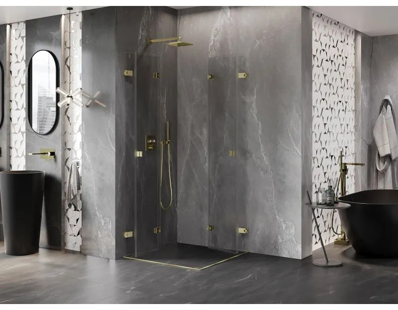 Mexen Lunar-F Duo, skladací sprchový kút 85 x 85 cm, 8mm číre sklo, zlatý matný profil, 836-085L-085P-55-00