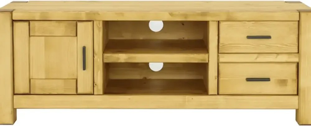 Moderná TV skrinka z borovicového masívu s 2 zásuvkami a dvierkami 140x42x50 cm