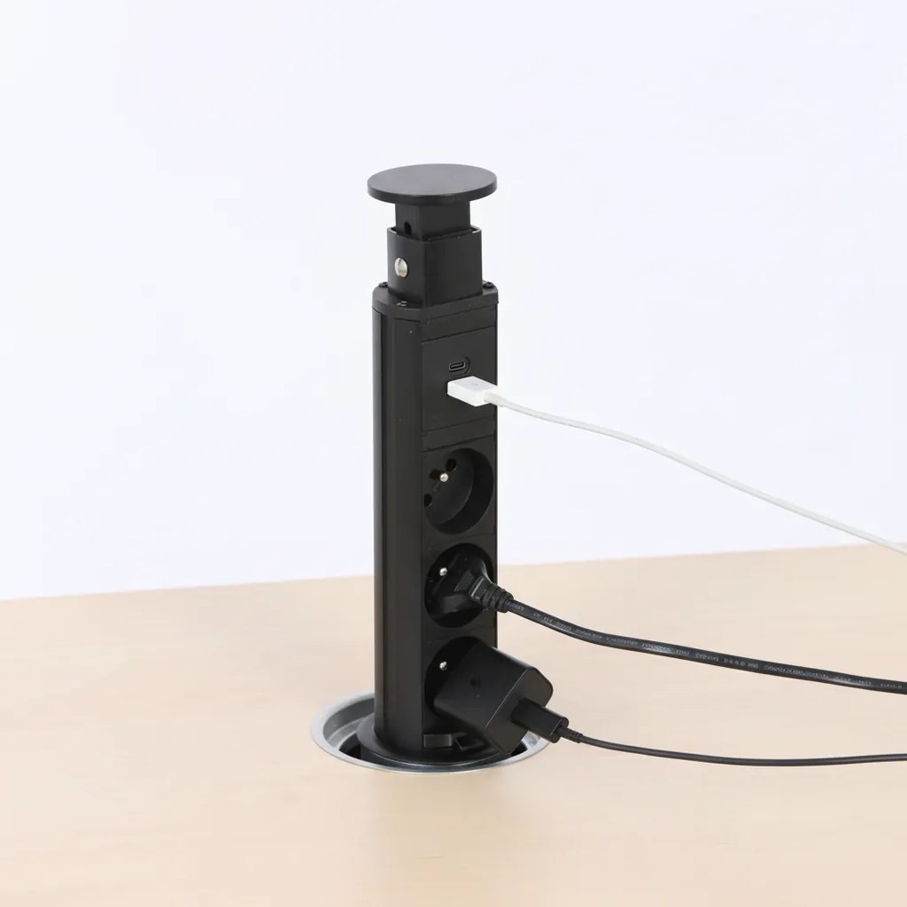 Výsuvná stolová zásuvka, 3× 230 V, USB-A, USB-C, čierna