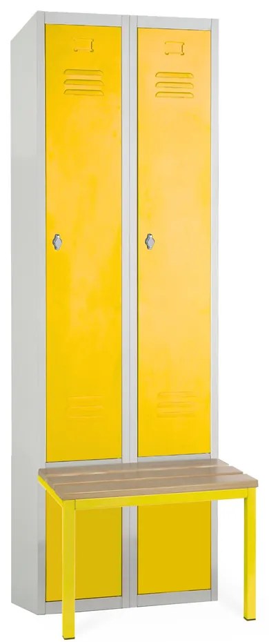 Kovová šatníková skrinka s lavičkou, 60 x 85 x 185 cm, sokel, otočný zámok, žltá - ral 1023