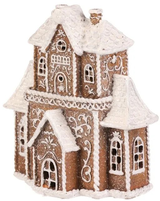Vianočná dekorácia Perníkový domček s vežičkou, polyresin, LED, hnedá