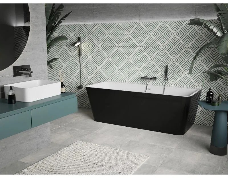 Mexen Volta, voľne stojaca nástenna vaňa 150 x 75 cm, biela-čierna, chrómový prepad, 51131507575-01