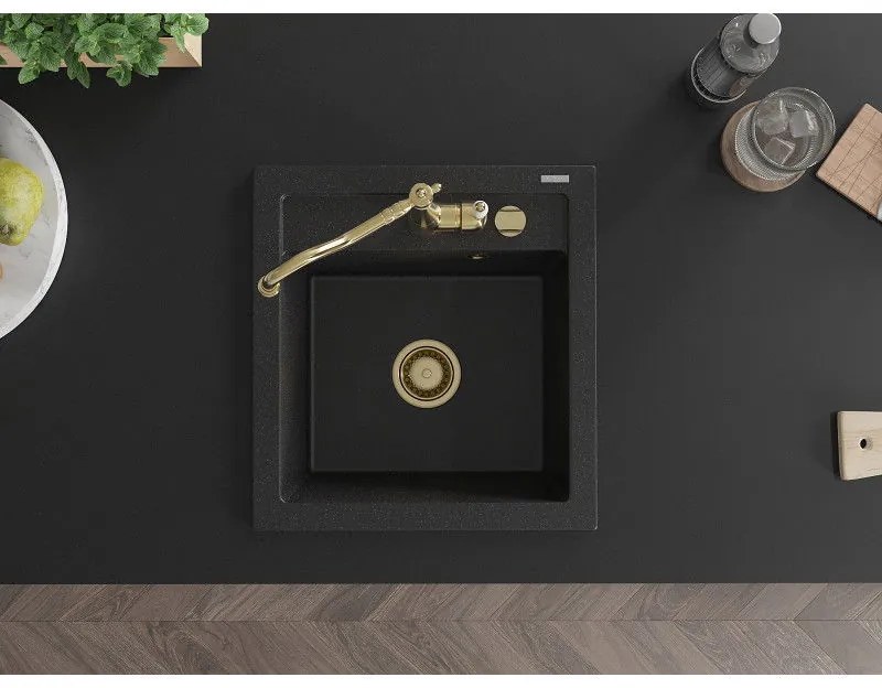 Mexen Vito, granitový drez 490x520x210 mm, 1-komorový a drezová batéria Carla, čierna-strieborná metalíza, 6503-73-670700-50
