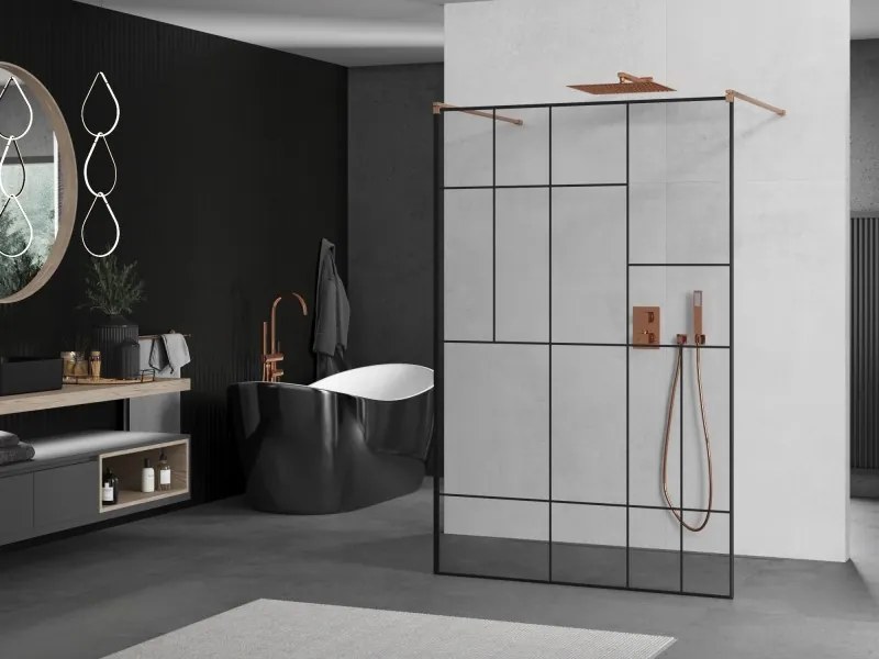 Mexen Kioto, sprchová zástena Walk-In 110 x 200 cm, 8mm sklo čierny vzor, medený matný profil, 800-110-002-65-78