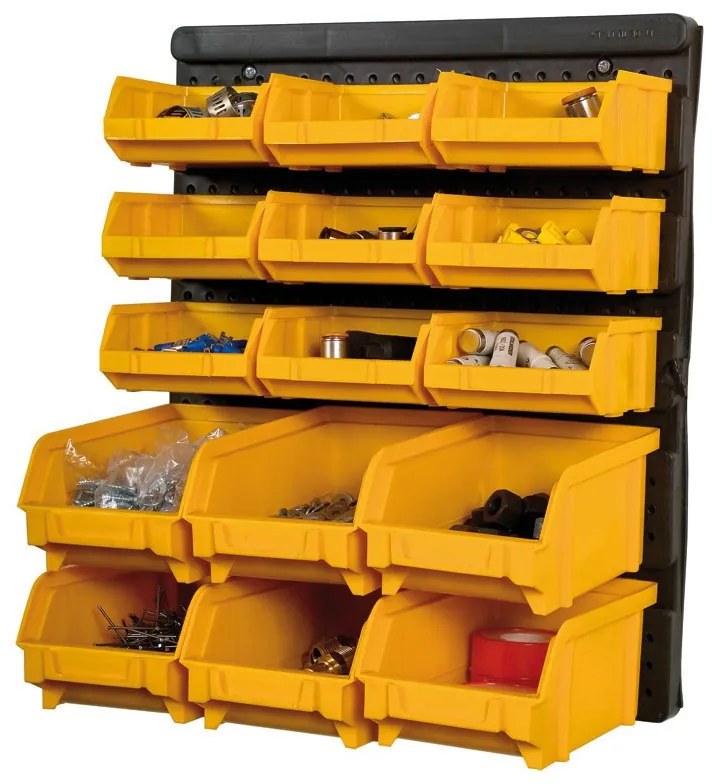 Čierna plastová stena na náradie s boxami, 15 boxov