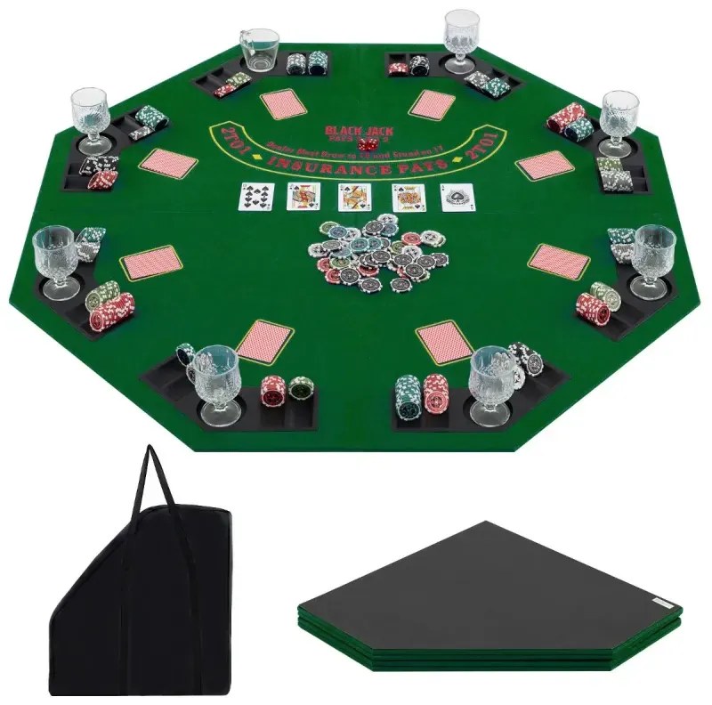 Pokrová podložka 120 x 120 cm Poťah na pokrový stôl Texas Holdem skladateľný pre 8 hráčov s držiakmi na poháre zelený