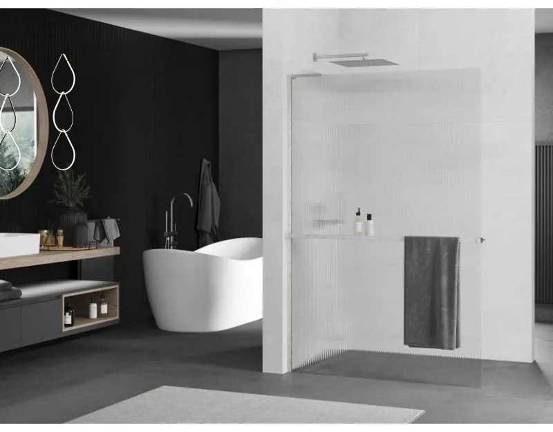 Mexen Kioto+ L, sprchová zástena Walk-In s poličkou a vešiakom 110 x 200 cm, 8mm sklo s rebrovým vzorom, brúsená oceľ profil, 800-110-123-97-09