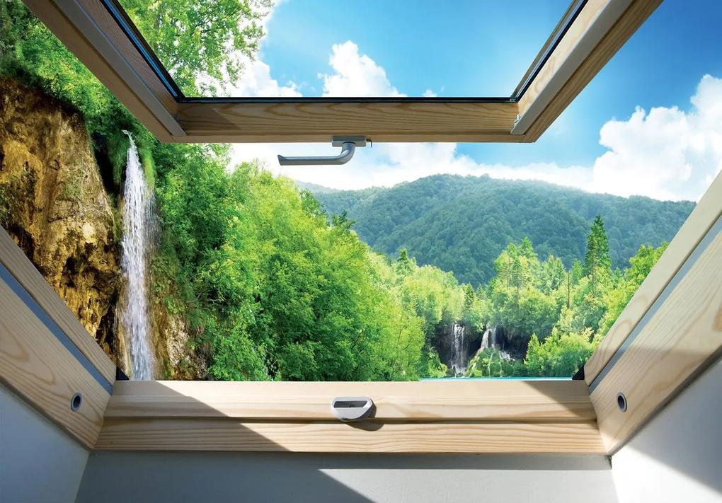 Fototapeta - Pohľad na okno vodopádu a lesa (254x184 cm)