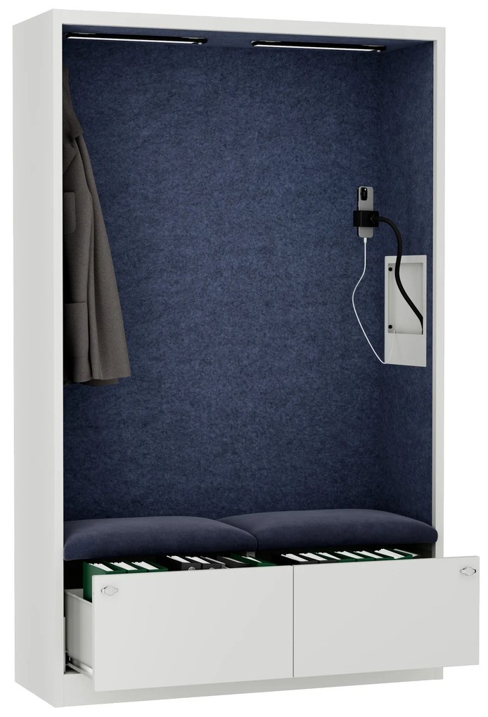Kancelárska akustická kabína so sedadlom a portom USB-C, telo v biely / sedák tmavomodrá v zelenej farbe, 1150 mm: SALLY MentalBox