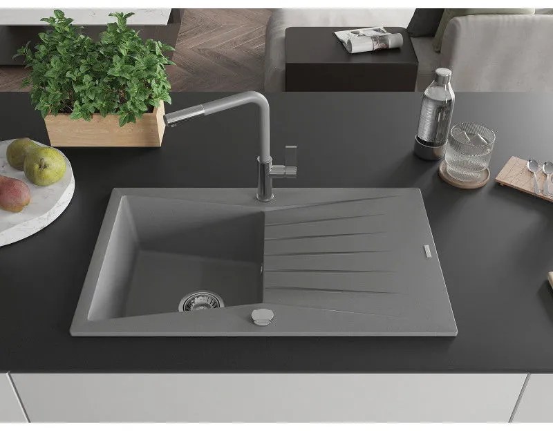 Mexen Cesar, 1-komorový granitový drez 775x470x190 mm a drezová batéria Flora, šedá, 6514-71-670401-06