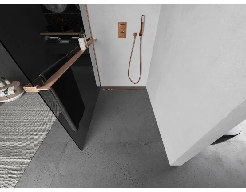 Mexen Kioto+, sprchová zástena Walk-In s poličkou a vešiakom 100 x 200 cm, 8mm šedé sklo, medený matný profil, 800-100-121-65-40