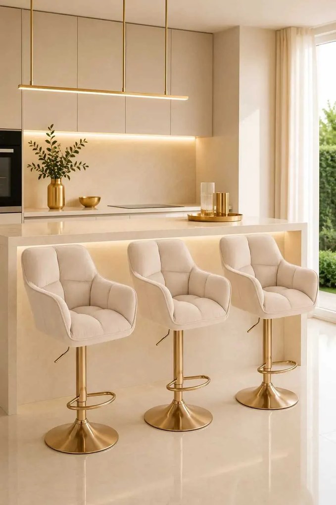 LuxuryForm DESIGN Barová stolička AMALFI VELUR na zlatom tanieri - krémová