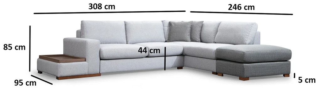 Rohová sedačka s taburetkou a stolíkom Bellona 308 cm svetlosivá - pravá