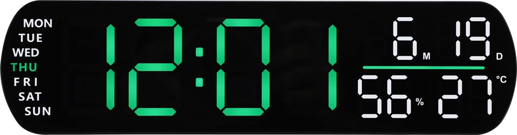 Veľký digitálny budík JVD SB5512.2 – zelený LED displej, vlhkomer a teplomer, 26 cm