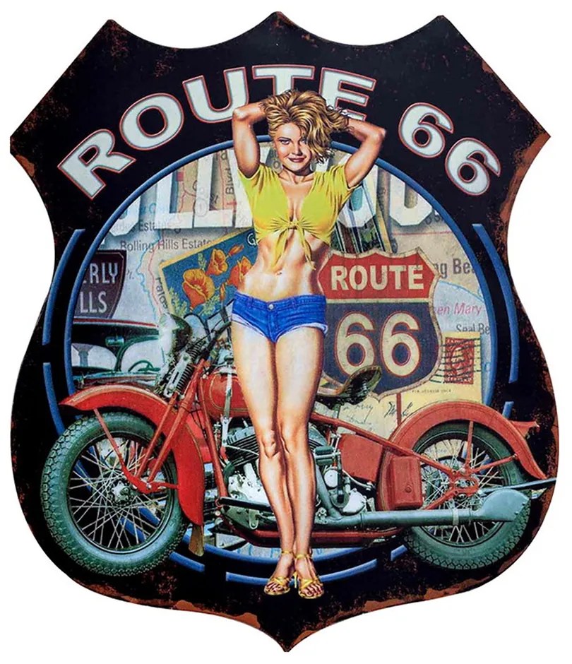 Čierna nástenná kovová ceduľa Route 66 - 30*1*35 cm