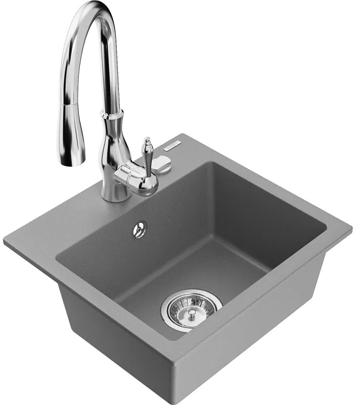 Mexen Milo, 1-komorový granitový drez 435x410x171 mm a drezová batéria Savita, šedá, 6505-71-672601-00