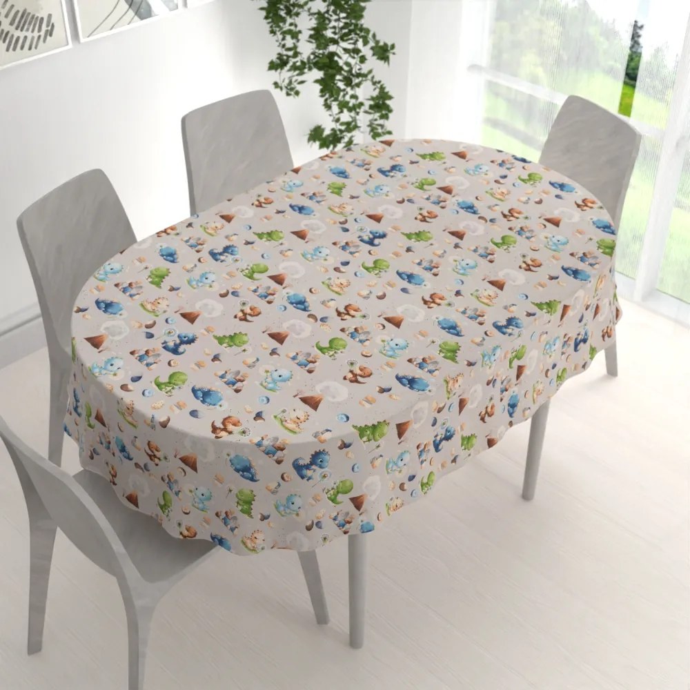 Biante Detský bavlnený oválny obrus Sandra SA-656 Modro-zeleno-hnedé dinosaury na svetlo sivom 60x100 cm