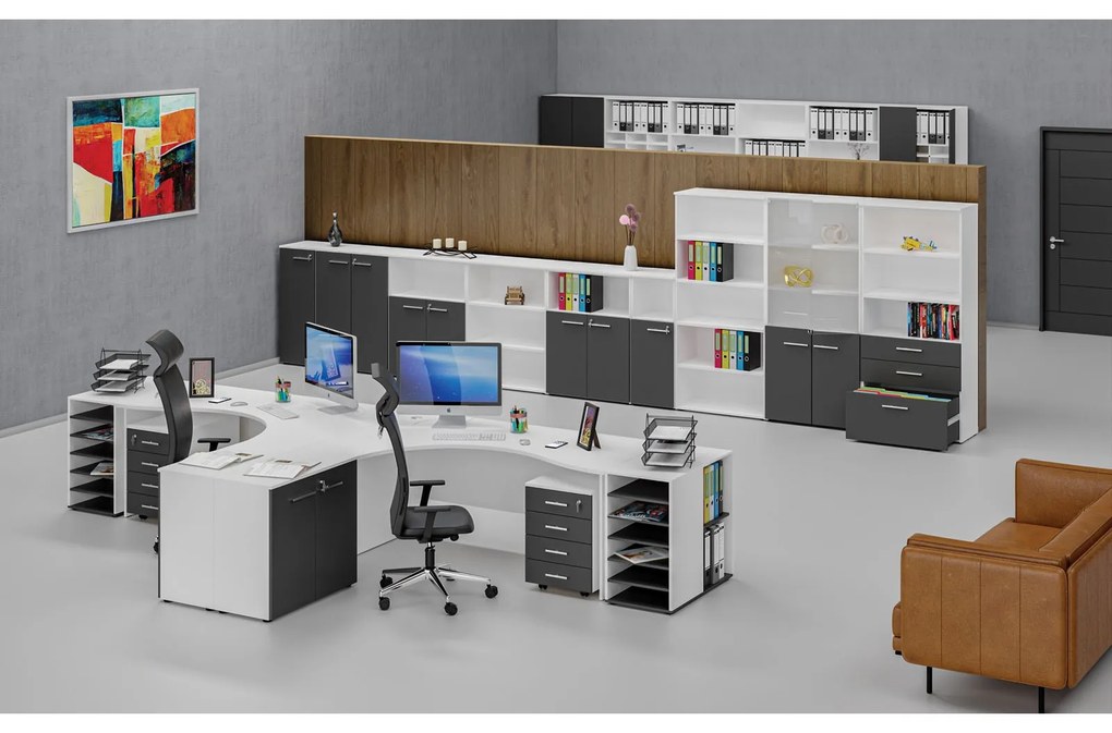 Ergonomický kancelársky pracovný stôl PRIMO WHITE, 1600 x 1200 mm, ľavý, biela/grafit