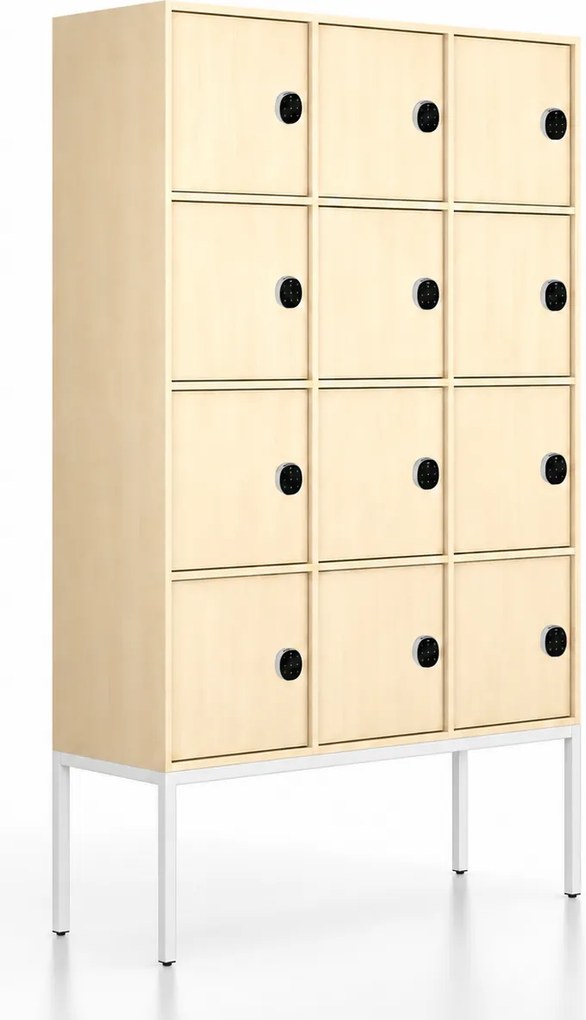 Kancelárska skriňa FRAME, biela podnož, 12x dvere, 1299 x 450 x 2185 mm, kódový zámok, breza