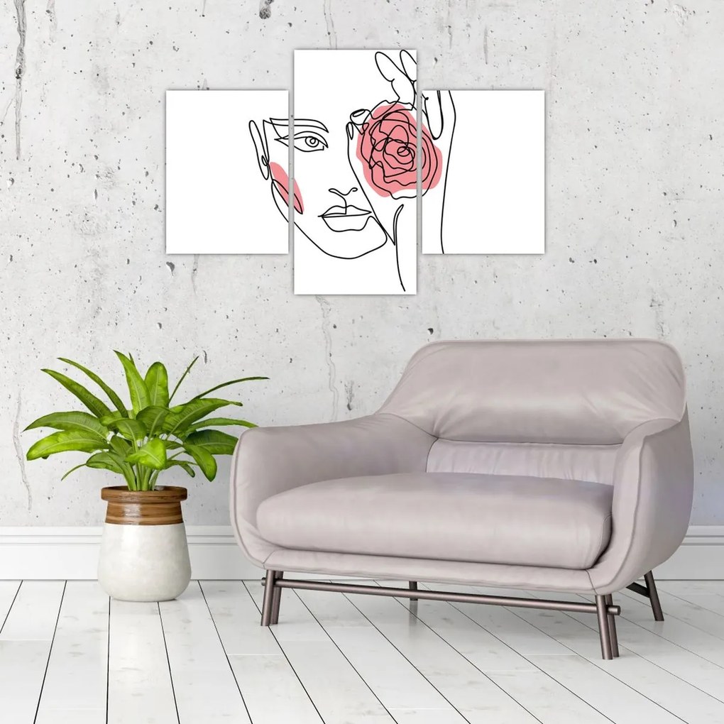 Obraz - Line art tvár s ružou (90x60 cm)