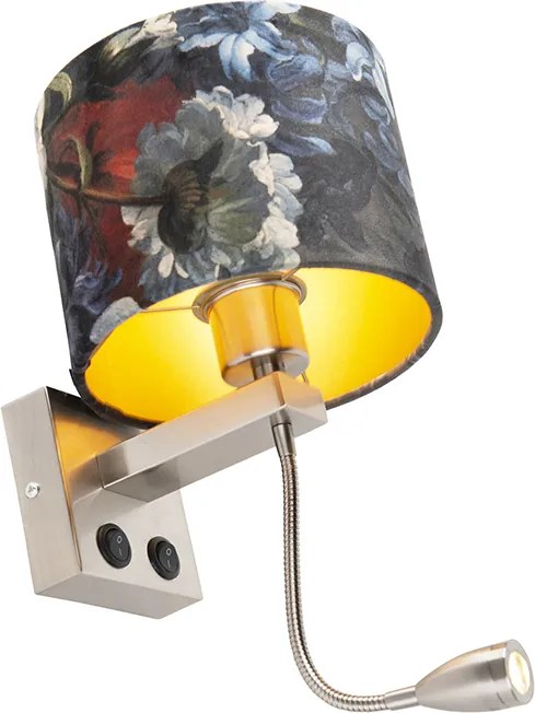 Nástenná lampa z ocele s plyšovým tienidlom s kvetmi so zlatom - Brescia