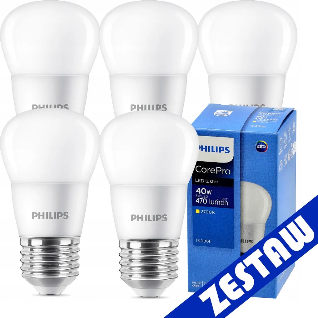 SADA 5x Philips LED žiarovka E27 5W 470lm 2700K EyeComfort CorePro P45