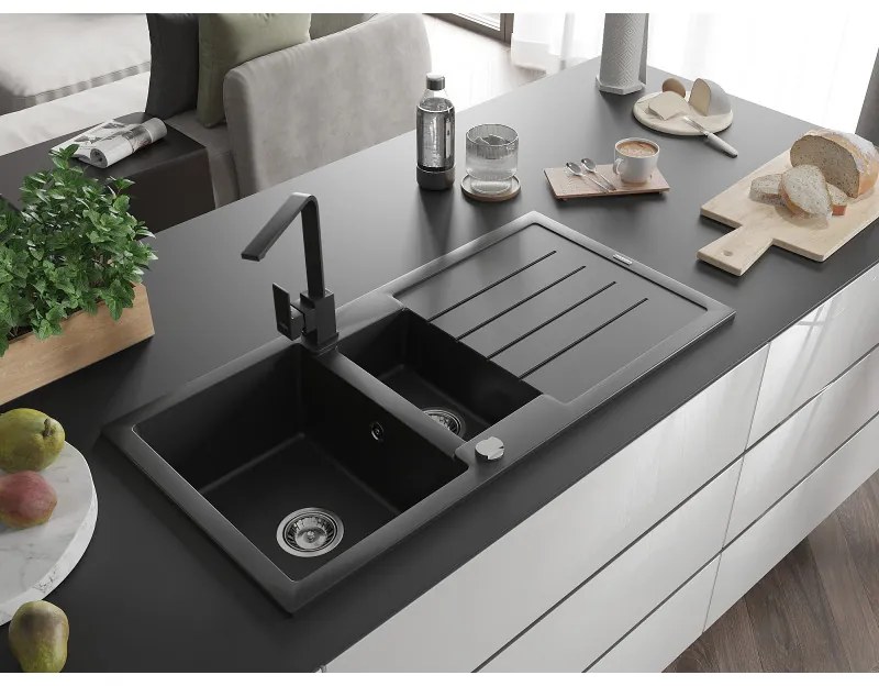 Mexen Andres, granitový drez 1000x500x200 mm, 1,5-komorový, čierna s chrómovým sifónom a čierna drezová batéria Rita, 6515-77-670300-70