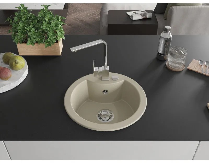 Mexen Diego, 1-komorový granitový drez 488x488x167 mm, chrómový sifón, chrómová batéria Rita, béžová, 6512-69-670300-00