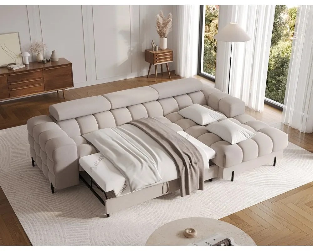 Béžová zamatová rozkladacia/s úložným priestorom rohová pohovka (pravý roh/s leňoškou) Felro – ELTAP