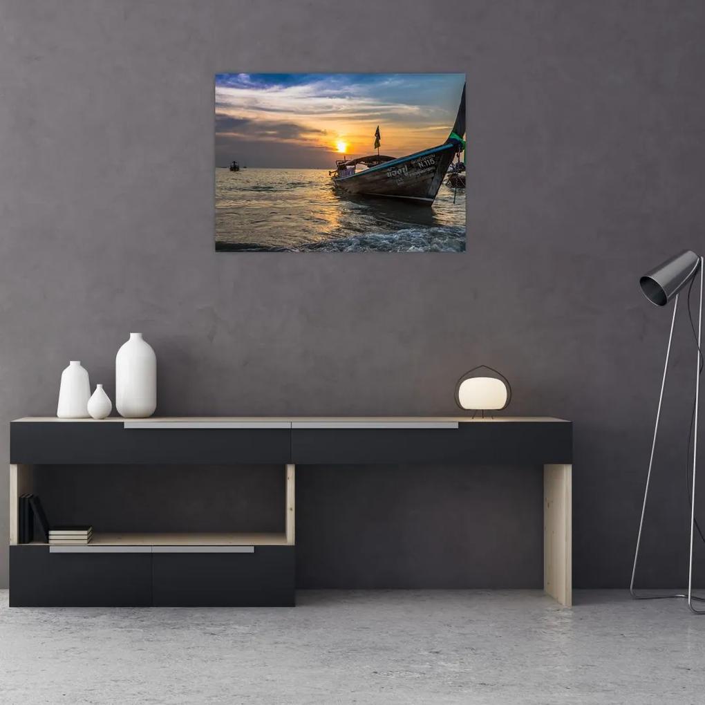Sklenený obraz lode pri brehu (70x50 cm)